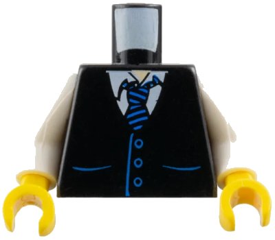 LEGO onderdeel Torso Vest with Pockets and Buttons over White Shirt, Tie with Blue Stripes, Light Nougat Neck Pattern / White Arms / Yellow Hands (973pb0321c02)