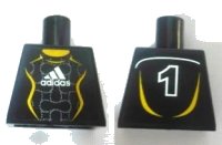 LEGO part Torso Soccer Adidas Logo, White and Yellow No.1 Pattern (Stickers) 973pb0553