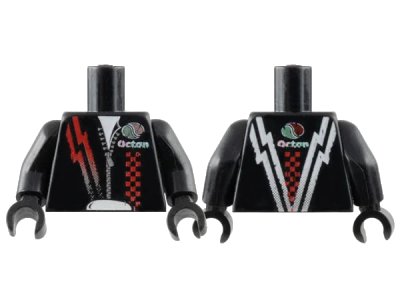 LEGO onderdeel Torso Leather Jacket with Silver Zipper, Red Lightning Bolt and Checkered Stripes, and Faded Octan Logo Pattern / Black Arms / Black Hands (973pb0589c01)
