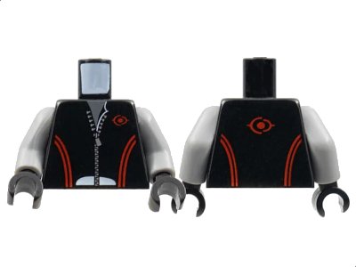 LEGO onderdeel Torso Leather Jacket with Zipper, Red Lines and Logo Pattern / Light Bluish Gray Arms / Black Hands (973pb0618c01)