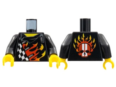 LEGO onderdeel Torso World Racers - Checkered Pattern with Flames on Front, Flames and Red Skull with White Stripes on Back / Black Arms / Yellow Hands (973pb0683c01)