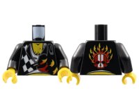 LEGO onderdeel Torso World Racers - Checkered Pattern with Flames, Chest Hair on Front, Skull on Back / Black Arms / Yellow Hands 973pb0688c01