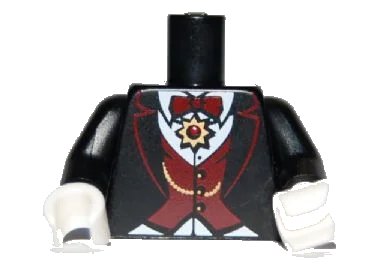 LEGO onderdeel Torso Suit with Dark Red Vest and Bow Tie, Gold Chain and Medallion Pattern (Vampire) / Black Arms / White Hands (973pb0720c01)