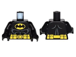 LEGO onderdeel Torso Batman Suit with Bat in Yellow Oval Logo, Utility Belt with Pouches, Dark Bluish Gray Muscles Outline Pattern / Black Arms / Black Hands (973pb0982c01)
