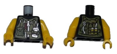 LEGO onderdeel Torso Dino Utility Vest with Pocket and Dark Tan Straps, Screwdriver with Red Handle and Silver Radio Pattern / Yellow Arms / Yellow Hands (973pb1015c01)