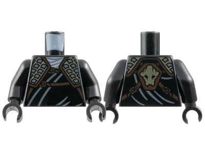 LEGO onderdeel Torso Ninjago Wrap with Dark Tan and Dark Bluish Gray Shoulder Armor, Dark Brown Straps with Gold Buckles, Stone Gorilla Head on Back Pattern / Black Arms / Black Hands (973pb1035c01)