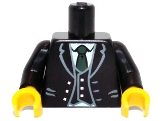 LEGO onderdeel Torso Jacket and Vest with Buttons and White Shirt and Green Tie Pattern / Black Arms / Yellow Hands (973pb1089c01)