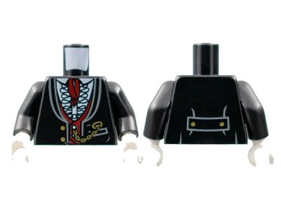 LEGO onderdeel Torso Jacket Formal with White Shirt with Frills, Dark Red Vest and Cravat, Gold Watch Chain Pattern / Black Arms / White Hands (973pb1184c01)