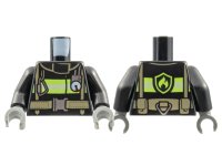 LEGO part Torso Fire Uniform Jacket with Reflective Stripes and Logo on Back, Dark Tan Utility Belt and Straps, Silver Buckle, Caribiner, and Gauge Pattern / Black Arms / Dark Bluish Gray Hands 973pb1302c01