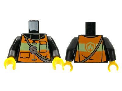 LEGO onderdeel Torso Fire Reflective Stripe Vest with Pockets and Shoulder Strap with Radio and Fire Badge on Back Pattern / Black Arms / Yellow Hands (973pb1303c01)