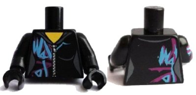 LEGO onderdeel Torso Female Outline, Zipper, Magenta and Medium Azure Marking Pattern / Black Arm Left / Black Arm Right with Magenta and Medium Azure Marking / Black Hands (973pb1562c01)