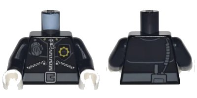 LEGO onderdeel Torso Police 3 Zippers, Minifigure Head Badge, Radio and Belt Pattern (Pattern on Front and Back) / Black Arms / White Hands (973pb1734c02)