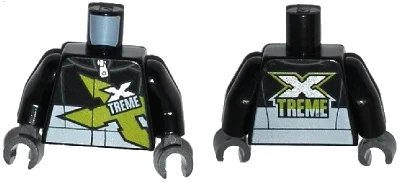 LEGO onderdeel Torso Racing Jacket with Zipper and Lime, Silver and White 'XTREME' Pattern / Black Arms / Dark Bluish Gray Hands (973pb1893c01)