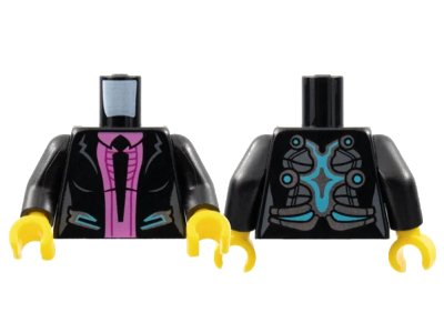 LEGO onderdeel Torso Jacket with Silver and Medium Azure Trim, Dark Pink Shirt and Black Tie Pattern (Caila Phoenix) / Black Arms / Yellow Hands (973pb1898c01)