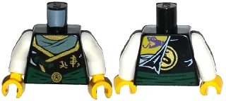 LEGO onderdeel Torso Ninjago Robe with Dark Green Sash, Gold Asian Characters, Torn with Dark Purple Snake Head on Back Pattern / White Arms / Yellow Hands (973pb1972c01)