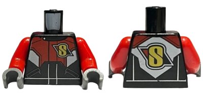 LEGO onderdeel Torso Racing Suit with Red and White Chest and Back Panel with Yellow 'S' Logo Pattern / Red Arms / Dark Bluish Gray Hands (973pb2014c01)