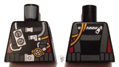 LEGO part Torso Diving Suit with Dark Bluish Gray Harness, Gauges on Front, Hoses and Zipper on Back, Red Stripes on Sides Pattern (973pb2015)