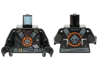 LEGO onderdeel Torso Ninjago Dark Bluish Gray and Gold Straps and Belt, Round Emblem, Weapons and Dark Brown Undershirt Pattern / Black Arms / Black Hands (973pb2088c01)