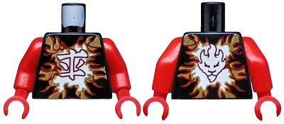 LEGO onderdeel Torso Ninjago Dark Red and Gold Flames and White Ninjago Logogram 'Fire' Pattern / Red Arms / Red Hands (973pb2160c01)