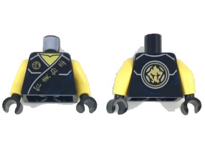 LEGO onderdeel Torso Ninjago Robe with Gold Ninjago Logogram 'Fire Earth Lightning Energy' on Black Sash Pattern / Yellow Arms / Black Hands (973pb2168c01)