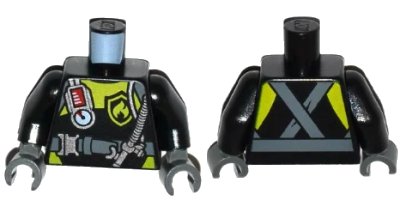 LEGO onderdeel Torso Fire Scuba Diver with Utility Belt, Scuba Hose, Regulator, Fire Badge and Crossed Straps on Back Pattern / Black Arms / Dark Bluish Gray Hands (973pb2284c01)