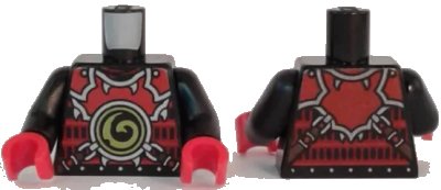 LEGO onderdeel Torso Ninjago Red Armor with Lime Swirl Medallion Front, Belts on Back Pattern  / Black Arms / Red Hands (973pb2498c01)