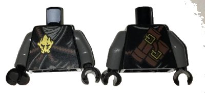 LEGO onderdeel Torso Ninjago Brown Rope, Gold Medallion and Gray Undershirt Front, Scabbards on Back Pattern / Dark Bluish Gray Arms / Black Hands (973pb2515c01)