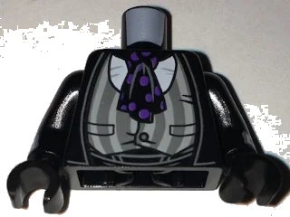 LEGO onderdeel Torso Jacket with Gray Striped Stretched Vest, Black Ascot with Purple Spots Pattern / Black Arms with White Cuffs Pattern / Black Hands (973pb2543c01)
