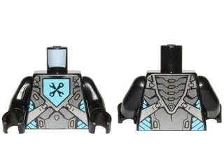 LEGO onderdeel Torso Nexo Knights Armor with Pearl Dark Gray and Silver Panels and Black Crossed Wrenches on Medium Azure Pentagonal Shield Pattern / Black Arms / Black Hands (973pb2676c01)
