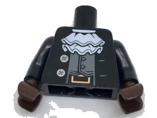 LEGO onderdeel Torso Coat with White Ruffle over Dark Bluish Gray Vest, Silver Buttons Pattern / Black Arms with Silver Buttons Pattern / Dark Brown Hands (973pb2704c01)
