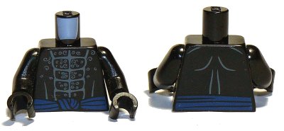 LEGO part Torso Bare Chest with Muscles Outline, White Chest Hair and Blue Sash Pattern / Black Arms / Black Hands (973pb2808c01)