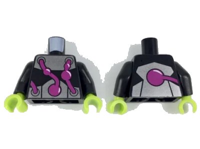 LEGO onderdeel Torso Metallic Silver Bands with Bulging Purple Tubes Pattern / Black Arms / Lime Hands (973pb2966c01)