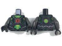 LEGO part Torso Armor, Red Eye in Center, Silver and Green Circuitry, Green and Lime Trim Pattern / Pearl Dark Gray Arms / Black Hands 973pb2976c01