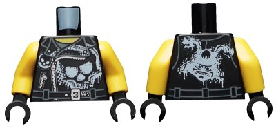LEGO onderdeel Torso Biker Vest with Skull Graffiti on Front, Sons of Garmadon Logo Graffiti on Back Pattern / Yellow Arms / Black Hands (973pb2998c01)