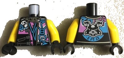 LEGO onderdeel Torso Biker Vest with Dark Pink / Medium Azure Ninjago Characters, Sons of Garmadon Logo and Ninjago 'SOG' on Back Pattern / Yellow Arms / Black Hands (973pb3026c01)