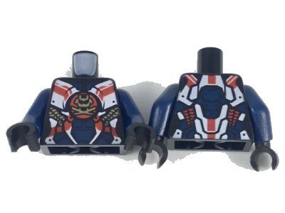 LEGO onderdeel Torso Female Armor, White and Dark Blue Panels, Gold Samurai X Logo, Gold and Red Trim Pattern / Dark Blue Arms / Black Hands (973pb3045c01)