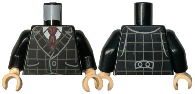 LEGO onderdeel Torso Suit Jacket with Dark Tan Checkered Lines over Dark Red Vest and White Shirt with Collar, Tie Pattern / Black Arms / Light Nougat Hands (973pb3230c01)