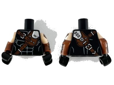 LEGO onderdeel Torso Reddish Brown and Silver Crossbelt Pattern / Reddish Brown Arms with Light Nougat Short Sleeves, Silver Plates Pattern / Black Hands (973pb3378c02)