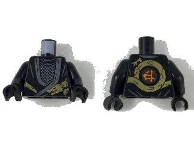 LEGO onderdeel Torso Ninjago Robe with Dark Bluish Gray Hems, Gold Dragon Head and Tail, Silver Scale Armor Pattern / Black Arms / Black Hands (973pb3401c01)
