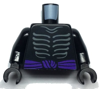 LEGO part Torso Ninjago Skeleton Ribs Gray and Dark Purple Waist Sash Pattern and Gray Muscles Outline on Back / Black Arms / Black Hands (973pb3415c01)