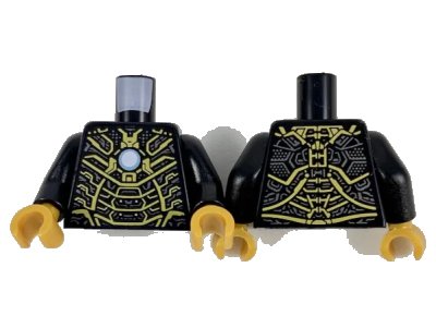 LEGO onderdeel Torso Armor with Metallic Light Blue and White Circle Arc Reactor, Dark Silver and Gold Trim Pattern (Iron Man Mark 41) / Black Arms / Pearl Gold Hands (973pb3484c01)