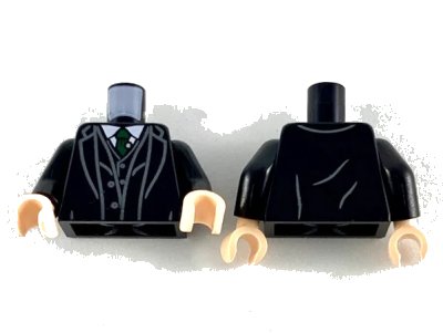 LEGO onderdeel Torso Suit with Vest, White Shirt and Dark Green Tie with Silver Pin Pattern / Black Arms / Light Nougat Hands (973pb3599c01)