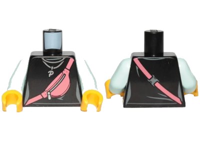 LEGO onderdeel Torso Female Top with Coral Diagonal Kidney Bag and Silver Necklace with Letter P Pendant Pattern / Light Aqua Arms / Yellow Hands (973pb3639c01)