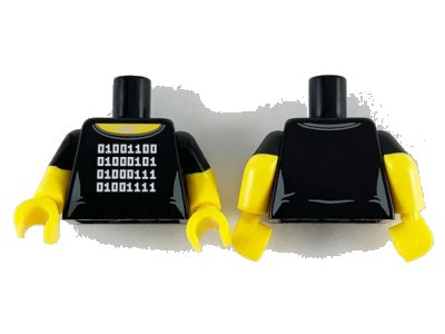 LEGO onderdeel Torso Female Yellow Neck, Silver Necklace and 4 Rows of White Binary Code Logogram (LEGO) Pattern / Yellow Arms with Molded Black Short Sleeves Pattern / Yellow Hands (973pb3653c01)