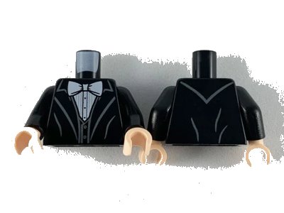 LEGO onderdeel Torso Jacket with White Bow Tie, Shirt and Black Vest Pattern / Black Arms / Light Nougat Hands (973pb3698c01)