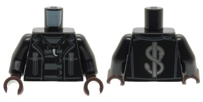 LEGO onderdeel Torso Jacket with Zippers, Dollar Sign on Back, Claw Necklace and Belts Pattern / Black Arms / Dark Brown Hands (973pb3773c01)