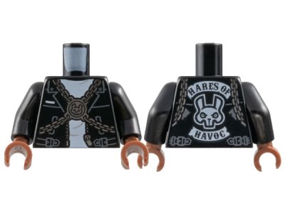 LEGO onderdeel Torso Biker Jacket and White Shirt, Silver Chain Crossbelt, 'HARES OF HAVOC' on Back Pattern / Black Arms / Reddish Brown Hands (973pb3778c01)