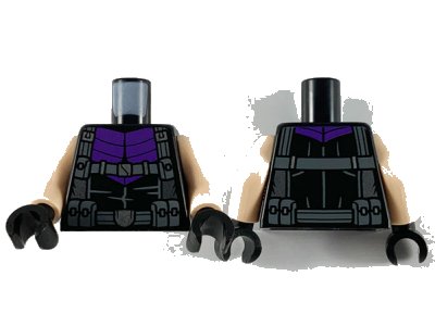 LEGO onderdeel Torso Armor, Dark Purple Panels, Dark Bluish Gray Suspenders and Belts with Silver Buckles Pattern / Light Nougat Arms / Black Hands (973pb3812c01)