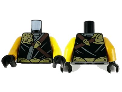 LEGO onderdeel Torso Tunic, Gold Ape Shoulder Armor, Dark Bluish Gray Trim and Dark Brown Shoulder Belt Pattern / Yellow Left Arm / Pearl Gold Right Arm / Black Hands (973pb3931c01)