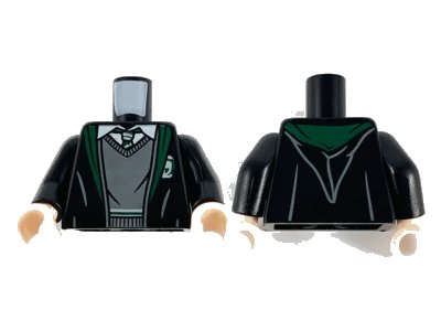 LEGO onderdeel Torso Robe with Dark Green Hem and Slytherin Logo, White Shirt Collar and Dark Bluish Gray Sweater Pattern / Black Arms / Light Nougat Hands (973pb3991c01)